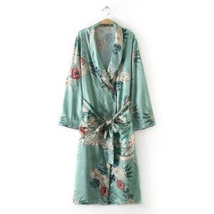 Floral Satin Kimono Robe - Teal Green